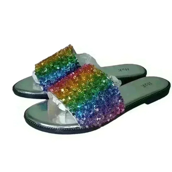 H2K Crystal Embellished Glitter Shiny Rainbow Sparkly Slip On Sandal Slide - Picture 1 of 10
